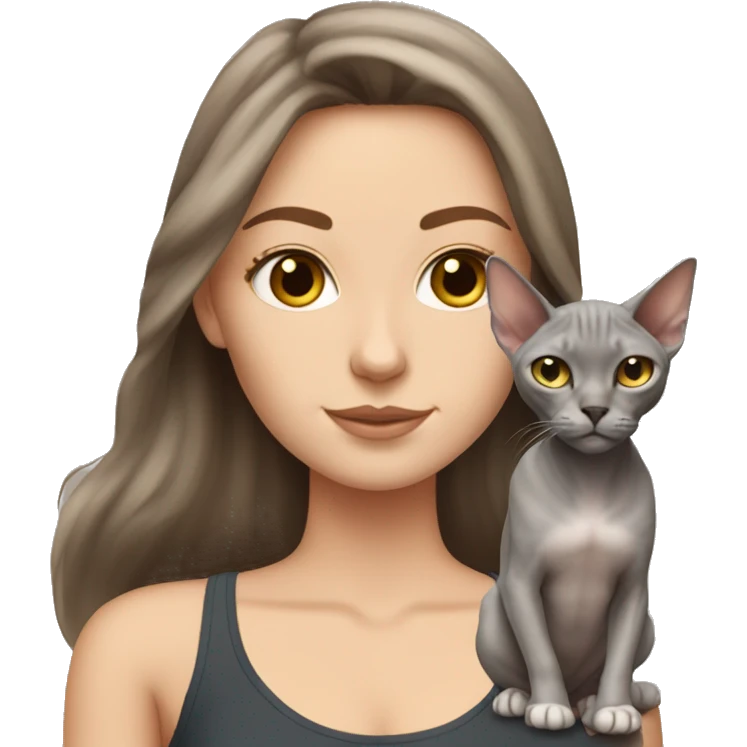 White Girl With surfer Brown hair With a Sphynx grey cat emoji