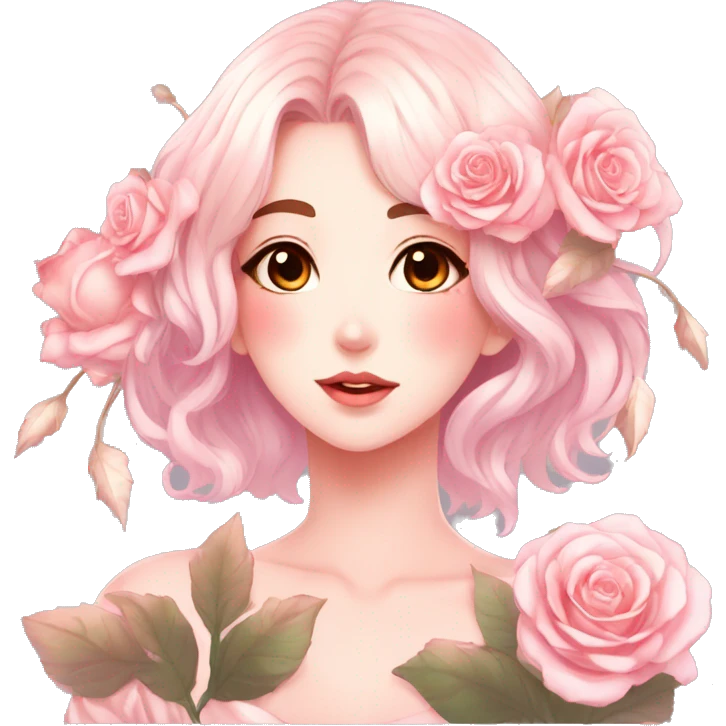 Gorgeous shiny pastel anime style lady with blushing face and roses leaves shiny aesthetic trending style emoji