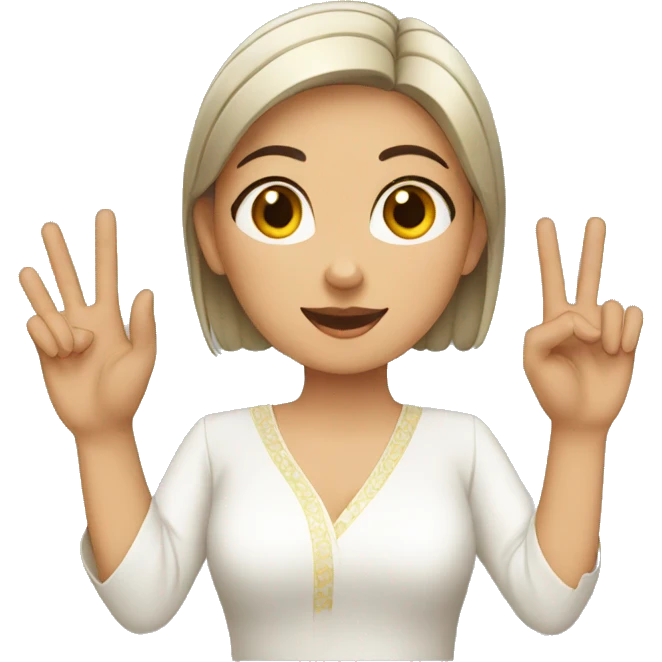 A lady with white kurti showing three fingers in one hand emoji