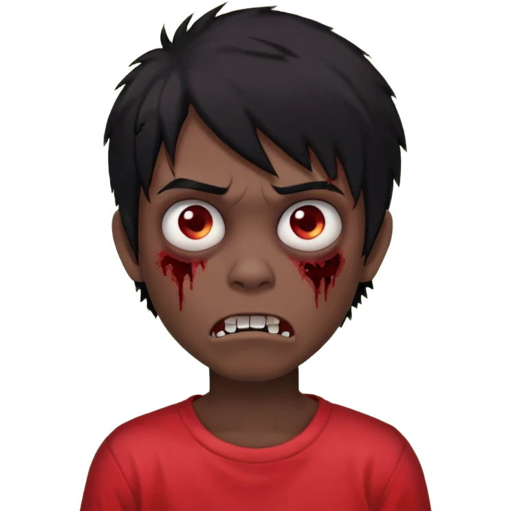 Boy, zombie, black hair, medium long, emo, shaggy, dark, spooky, creepy expression, red shirt. emoji