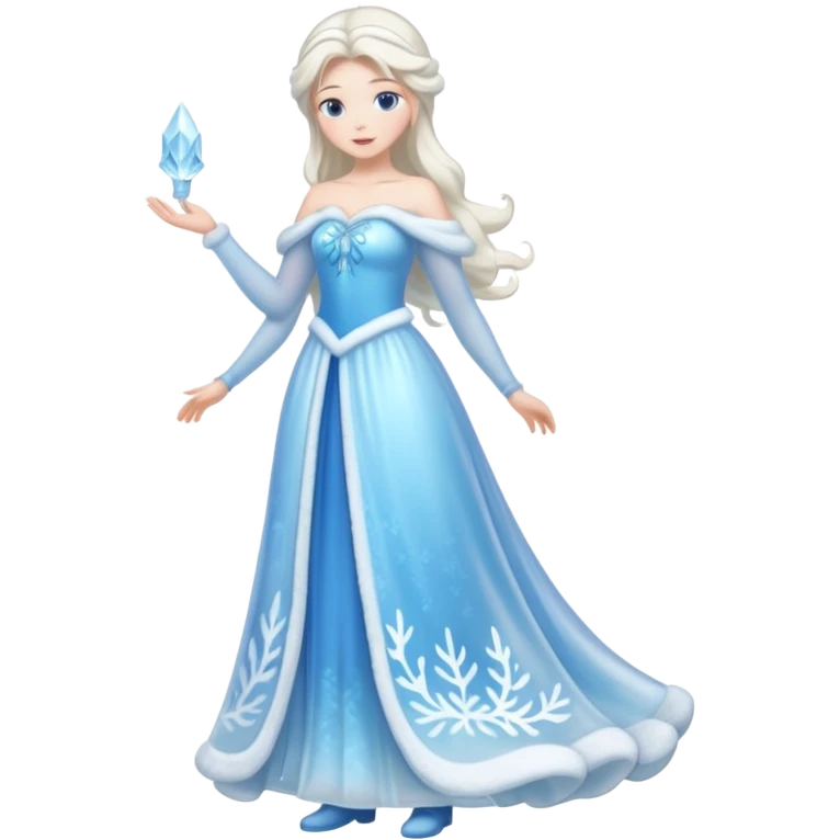 An ice Snow Maiden character, full body, standing in side view, made of translucent ice, winter fairy tale style. emoji