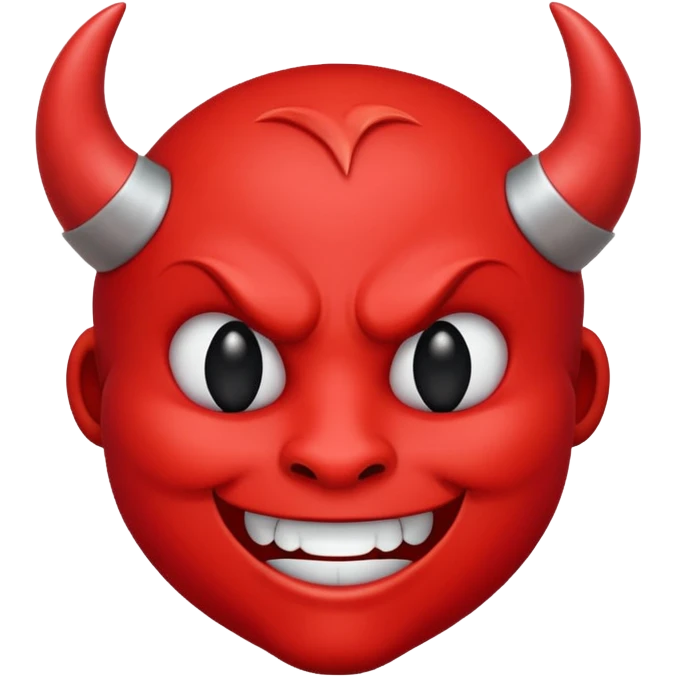 CARTOON STYLE EMOJI of a RED DEVIL FACE with small HORNS pointing up, BLACK EYES, and a MISCHIEVOUS SMILE. The entire face is RED with a smooth glossy texture. BACKGROUND is PURE WHITE, clean and simple. emoji