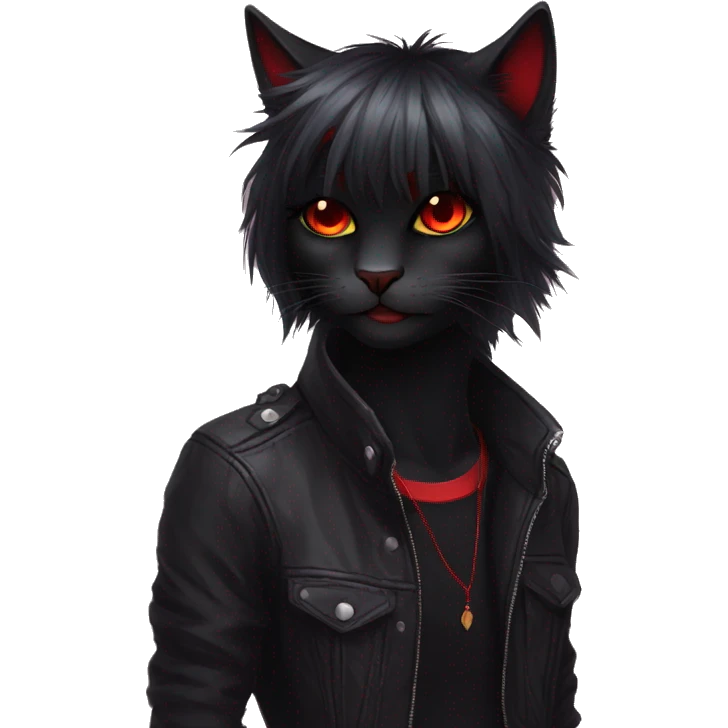 Anthro Edgy Cool Beautiful Black Cat-Fursona with Emo Hair-bangs with Red Streaks emoji