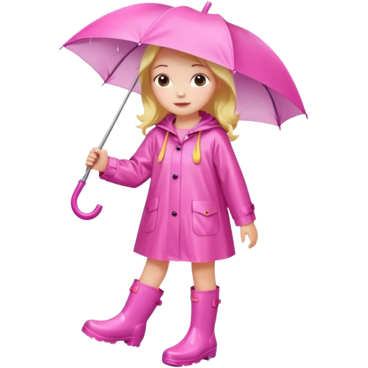 Girl in Pink wide dress raincoat pink rainboots in rain emoji