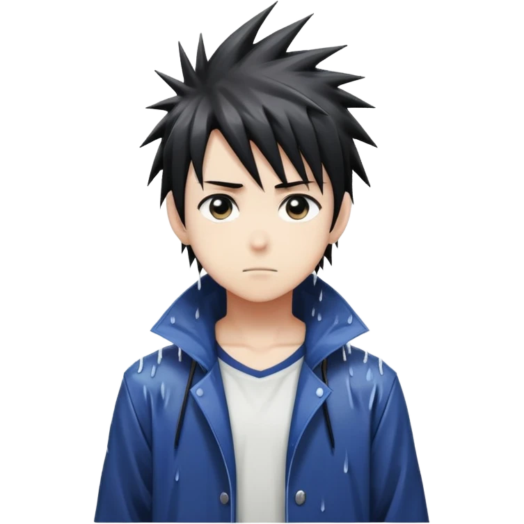 Anime-style boy with spiky hair standing alone in the rain, anime aesthetic emoji