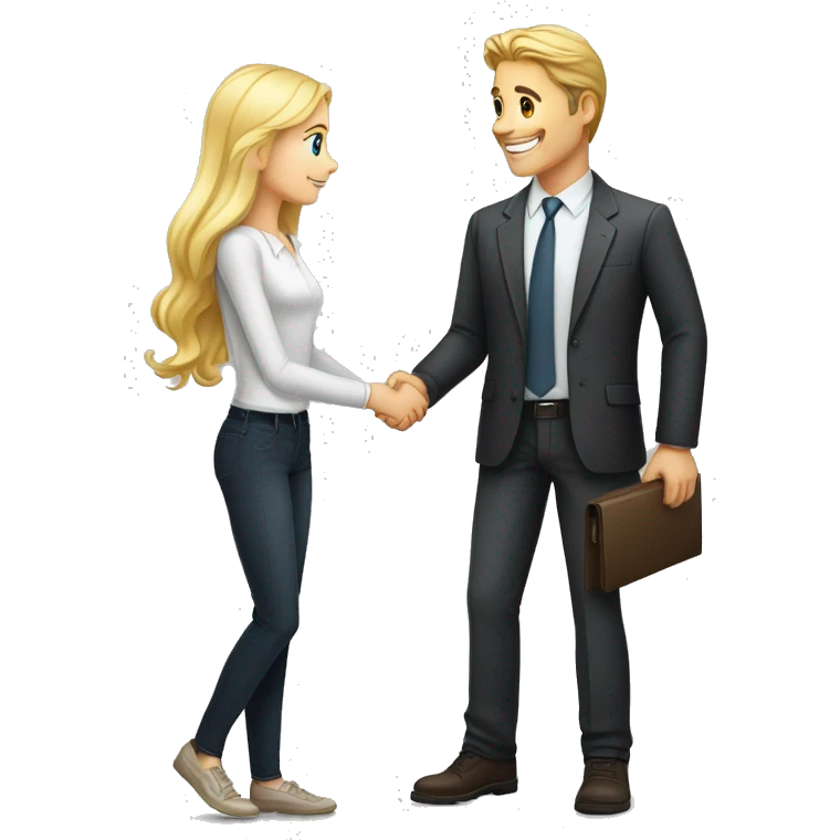 A 40-year-old fair-skinned businessman shakes hands with an 18-year-old fair-skinned blonde girl, full-length emoji emoji