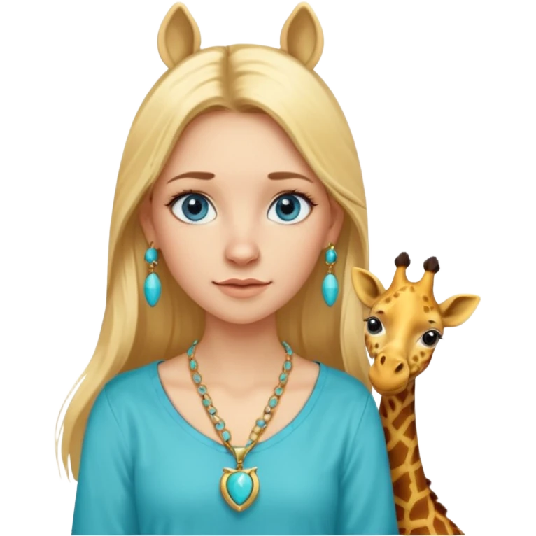 Swedish girl blonde long straigt hair blue eyes turqoise shirt gold earings girrafe necklace gold small emoji
