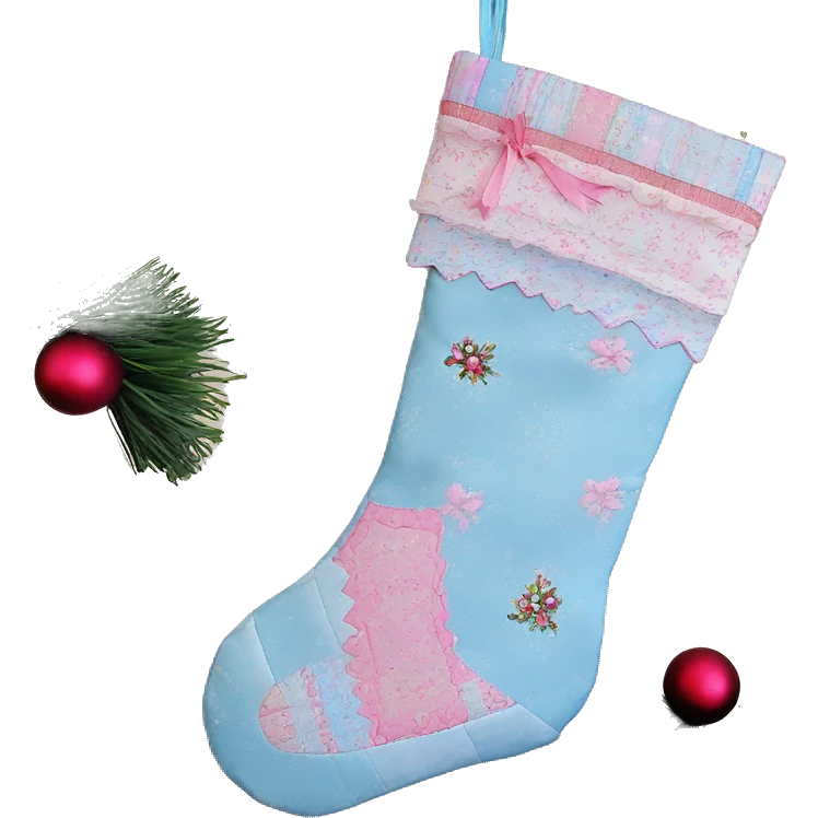 Coquette/cottage style Christmas stocking with pastel blue and pink patchwork mini floral patterns and a pink bow emoji