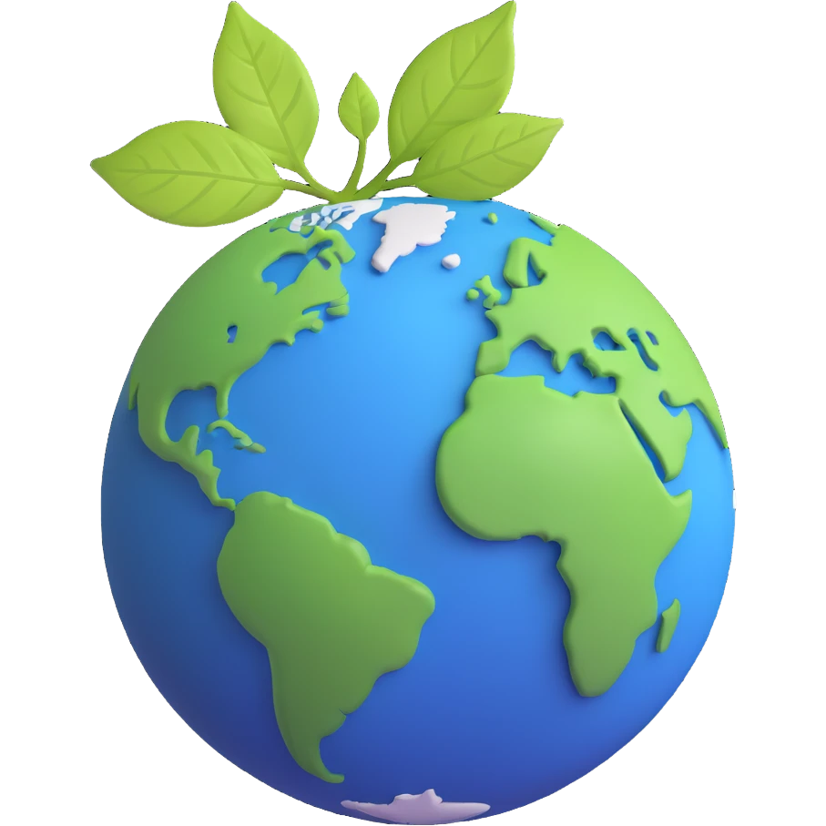 A single green leaf resting gently on top of a vibrant, round Earth globe. The focus is on the leaf and the globe with a simple background and soft natural lighting emoji