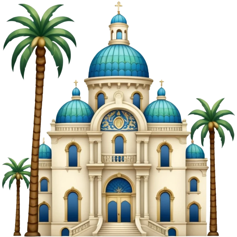California Building with ornate blue, gold, and green tile dome and adjoining slender California Tower, ornate tiers with arched openings, balustrades, decorative baroque stonework, Spanish Colonial Revival style, palm trees, simple emoji