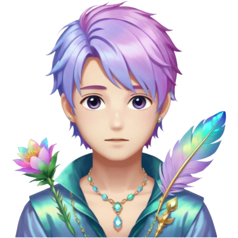 Beautiful gorgeous anime guy with beautiful iridescent-special-hair, fashion aesthetic, ethereal, fairycore, pastelcore, feather, flower, gems, accessories, jewelries, gold, colorful emoji