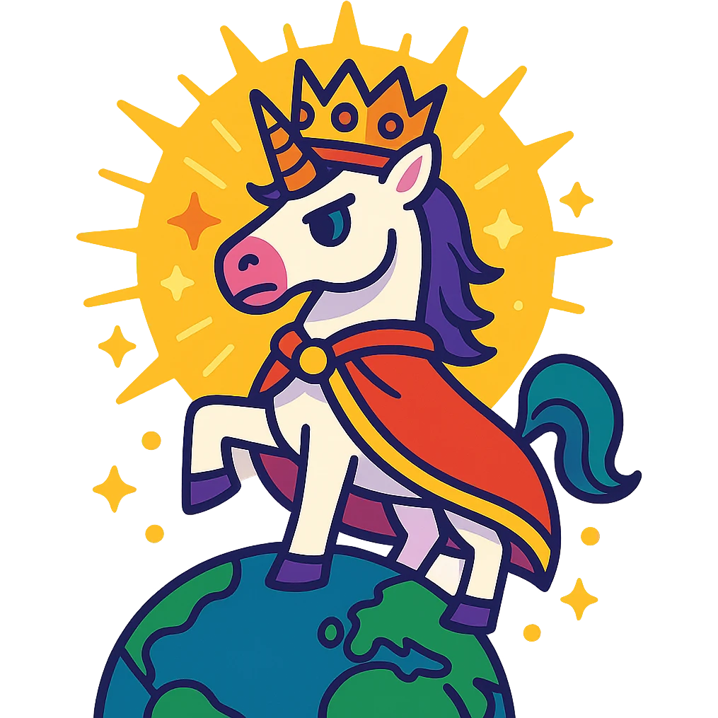 regal unicorn king with a crown surrounded by a luminous aura standing as the conqueror of the world emoji