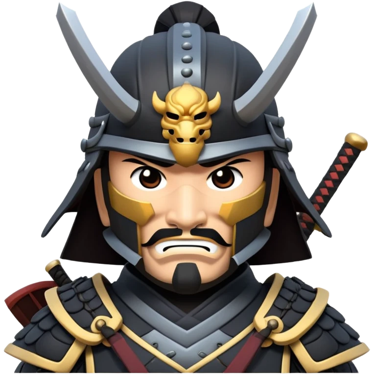 clash-of-clans-aesthetic_-cinematic-fearsome-and-majestic-samurai-bust-portrait-emoji, rendered in a flat, vector-style with minimal shading and bold, simplified shapes typical of emoji art, depicting a battle-hardened samurai with black mask and traditional black Japanese armor. The samurai is riding a noble grey warhorse adorned with an intricately designed saddle and fluttering banners and a rising sun. a samurai on a   horse emoji
