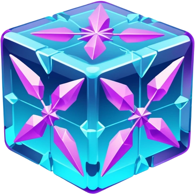 Futuristic glowing ice crystal cube, icy neon cyan highlights, purple neon accents, dark background, digital tech style. emoji