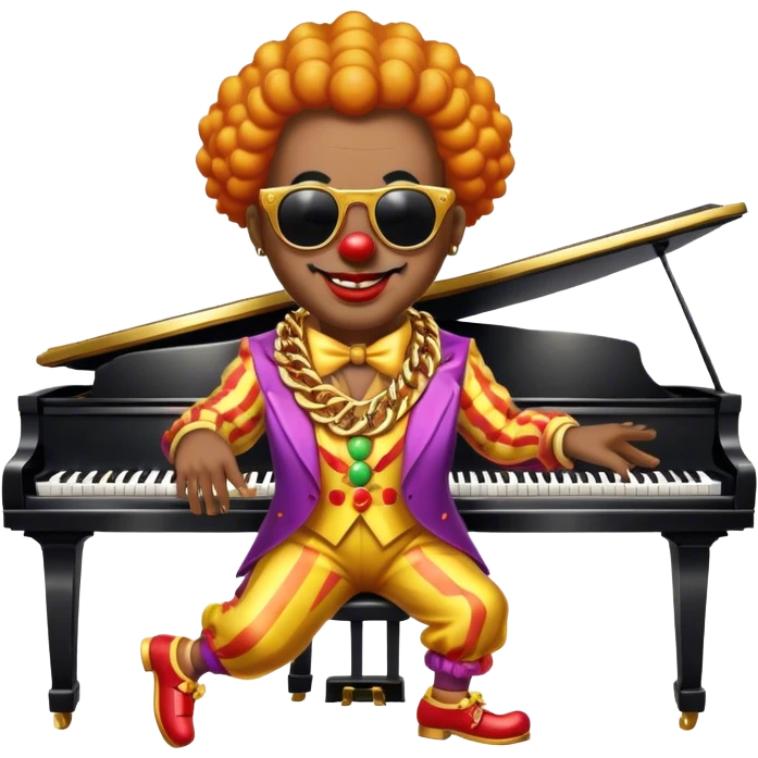 Clown with big golden chain on the neck wearing sunglasses plays piano full height emoji