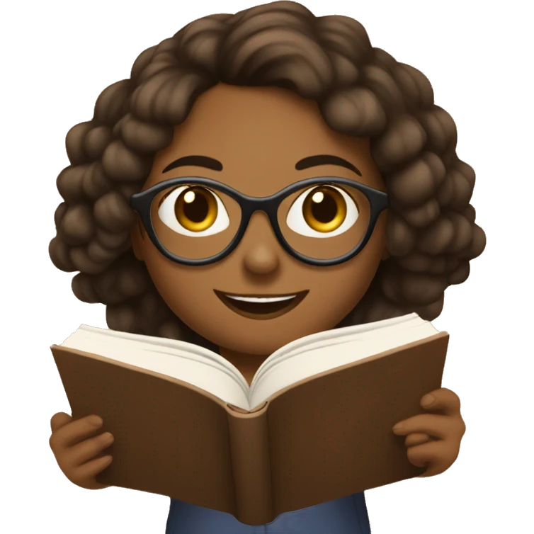 Girl with glasses is reading the brown book and smiling emoji