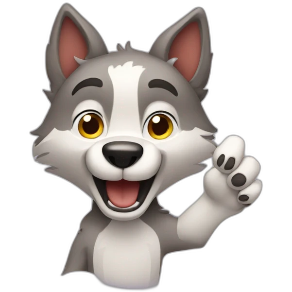 Cute cartoonish wolf waving it's paw emoji