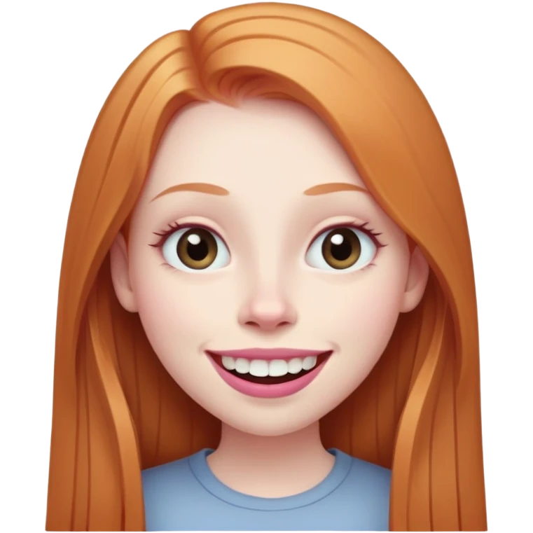 traditional emoji of young girl with very pale skin, long straight muted ginger hair, elongated oval face, bigger human-like eyes positioned close together, wide nose, full pink lips with a big smile showing extremely large and prominent teeth, less intense expression emoji