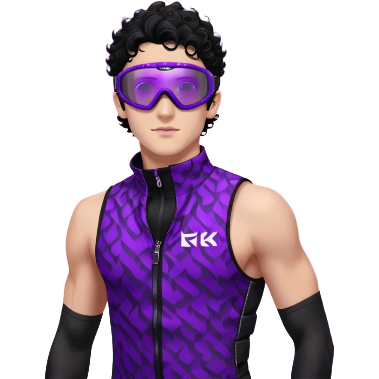 male athlete with white skin and moderately curly black hair on top with shaved sides, wearing ski goggles with purple frames and very dark black lenses, a simple plain black chain necklace, and a completely unzipped sleeveless vest with purple and black sequin fire pattern design with no logo or brand emblem, fully revealing his chest, shoulders and arms, no earrings emoji