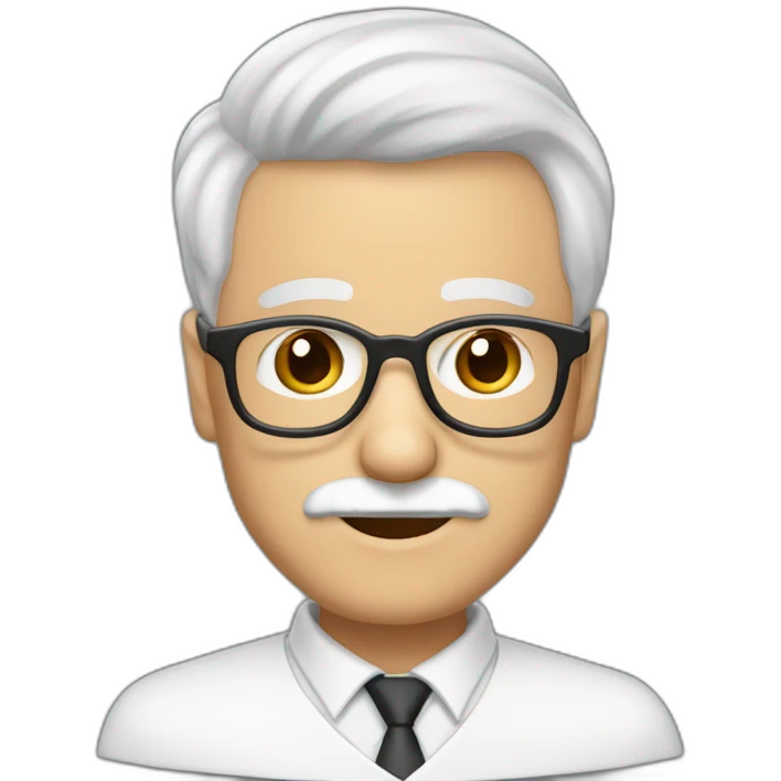 Profesor sin gafas con bata blanca, de 60 años, de barba corta y blanca y pelo blanco emoji