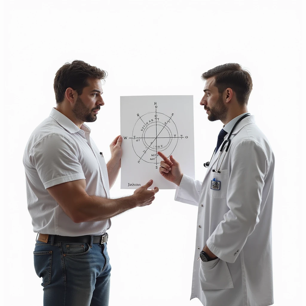 bodybuilder consulting doctor, doctor pointing at crossed out HPT axis diagram, tense atmosphere, hyper realistic details, isolated on white background emoji