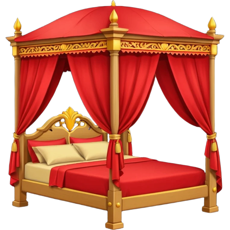 bed with red and gold sheets, wooden, canopy, simple, dark emoji