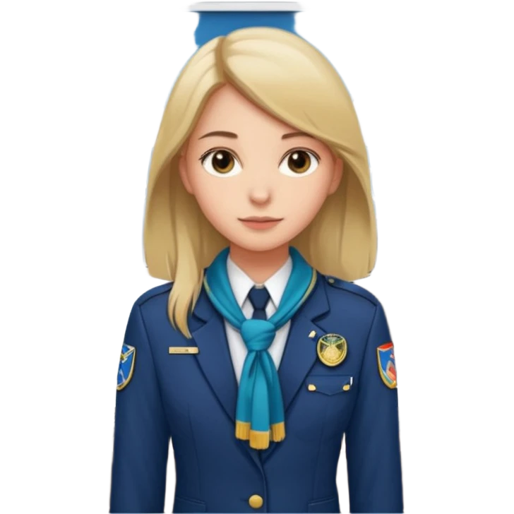Reception Young girl, straight hair, wearing uniform jacket with hotel name badge, tasteful scarf, stand behind the desk

 emoji