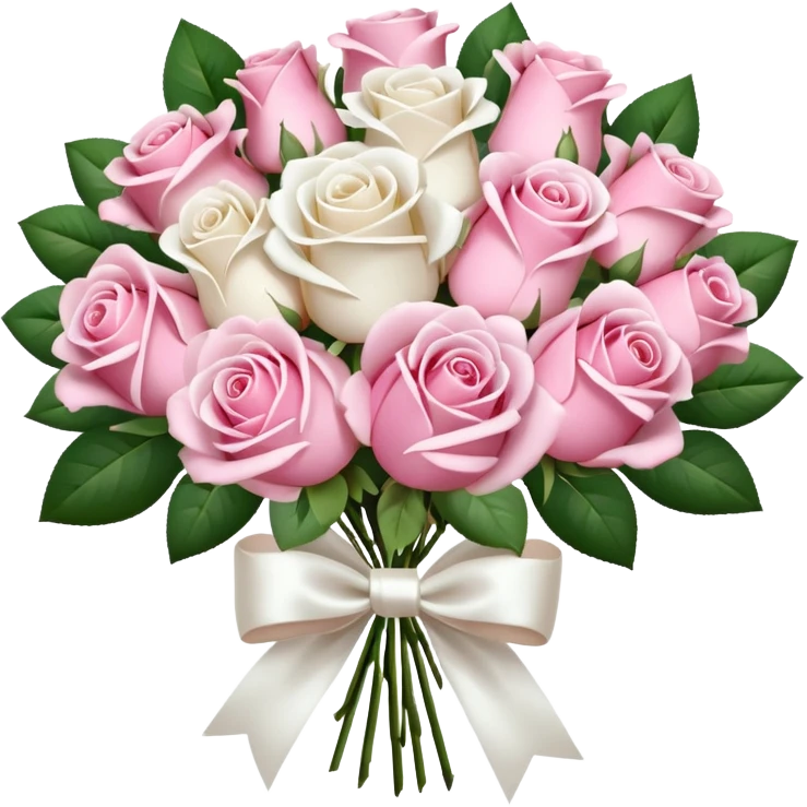 bouquet of pink and white roses and white satin bow emoji