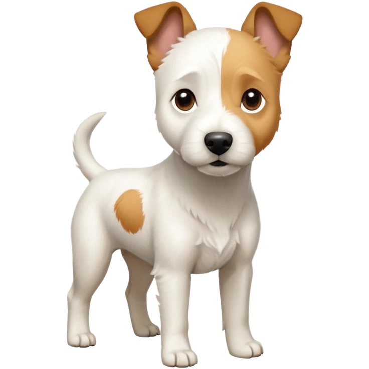 a full body facing front on of a buff white parson russell terrier looking dog the size of a kelpie with light brown long ears and a light brown patch on one eye and a large snout. the rest of the dog is completely white.  emoji