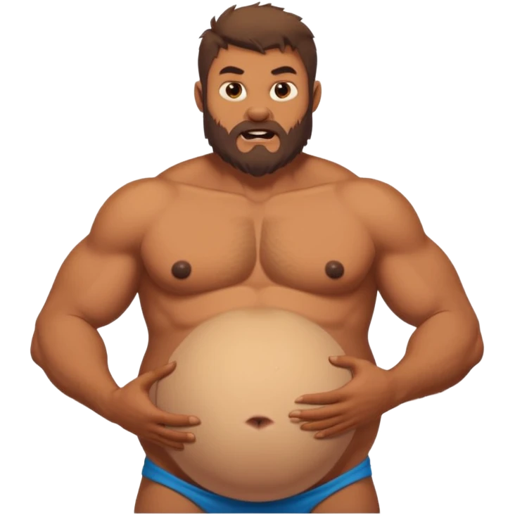 A shirtless pregnant burly male werewolf holding his pregnant belly, he has plump moobs and lactating nipples  emoji