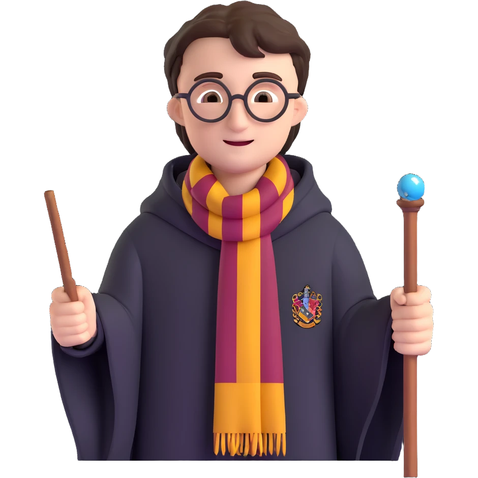 harry potter with wand and hogwarts scarf emoji