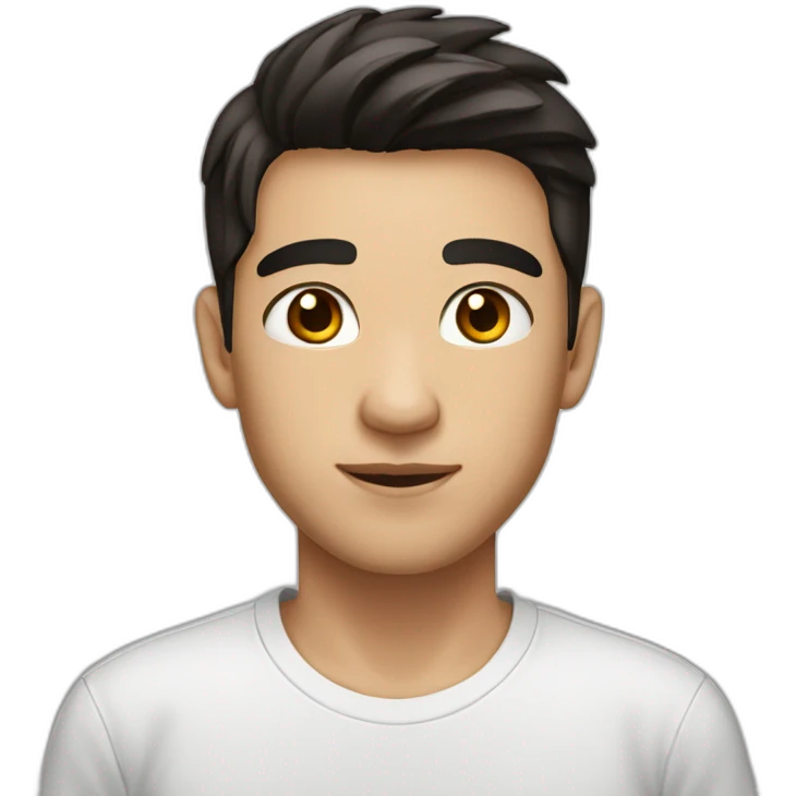 a young man, white skin, shorter black-brown hair and dark brown eyes wearing a white t-shirt emoji