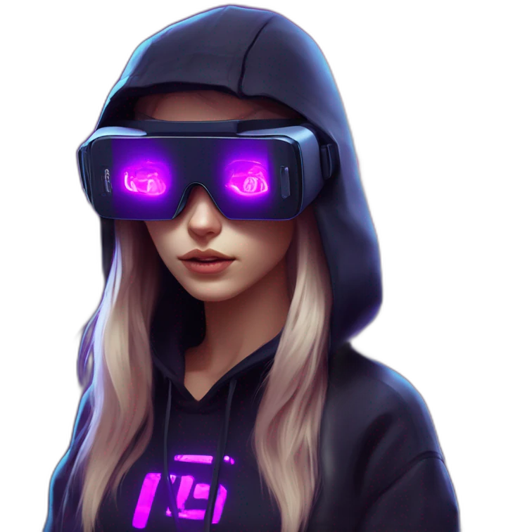 Russian girl wearing black hoody with violet letters "OMG", in vr headset. Cyberpunk style. Violet neon. emoji
