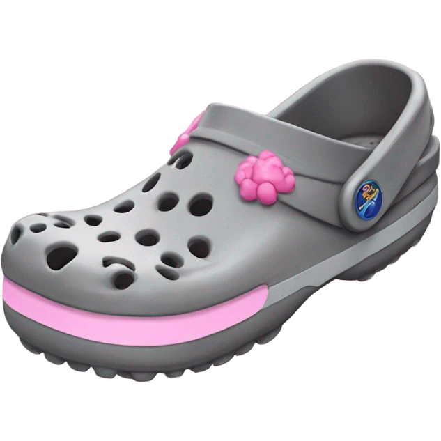 Grey Crocs with pink jibbitz emoji