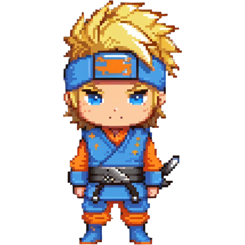 A blonde ninja boy with spiky hair, whisker marks on cheeks, orange outfit, and blue headband with metal plate emoji
