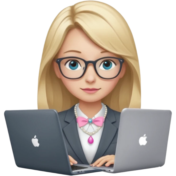 Please take the girl with laptop emoji and make her glassess light brown, her eyes ocean blue and her nose a bit smaller and pointier and she has blonde very long hair and a dark grey suit and pearls necklace, and has a laptop in fron of her and a tiny pink bow on the left side of her head emoji