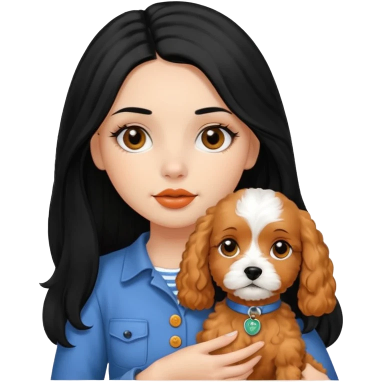 Italian girl long straight black hair black eyes button nose full lips holding apricot Cavapoo dog emoji