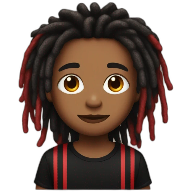 Cute brown skin boy with red and black striped colored dreads wearing a black shirt  emoji