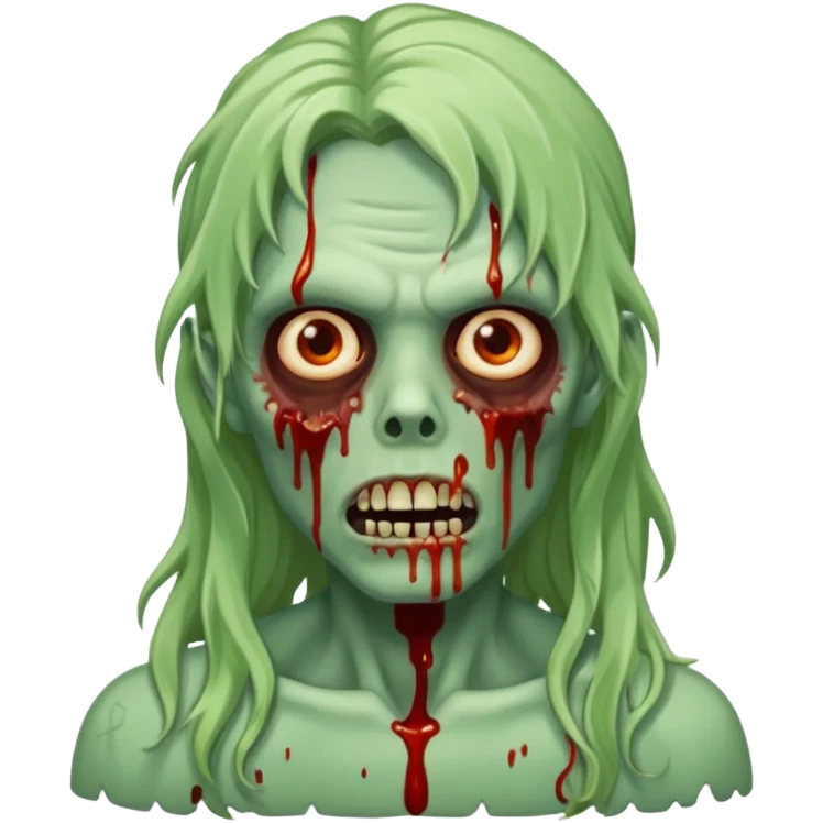 Faça com aparência de zumbi, sagrando na boca, cabelo ondulado no ombro marrom meio alaranjado nas pontas emoji