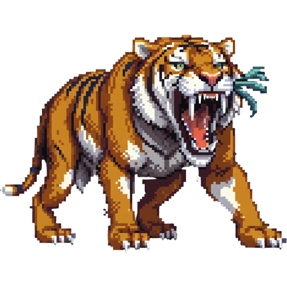 saber-toothed tiger with a miniature body and massive 8-inch-long canine teeth, extremely exaggerated fangs extending far from tiny head emoji