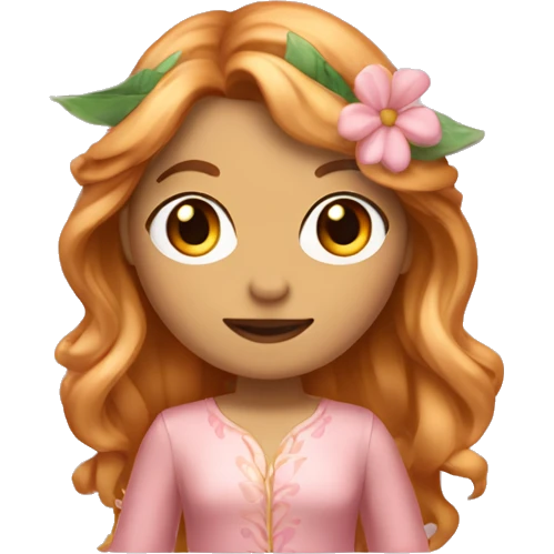Full body Fairy white woman emoji with long wavy copper hair and blonde highlights, also with curtain bangs, brown/honey eyes, with a pink outfit inspired in flower leaves emoji