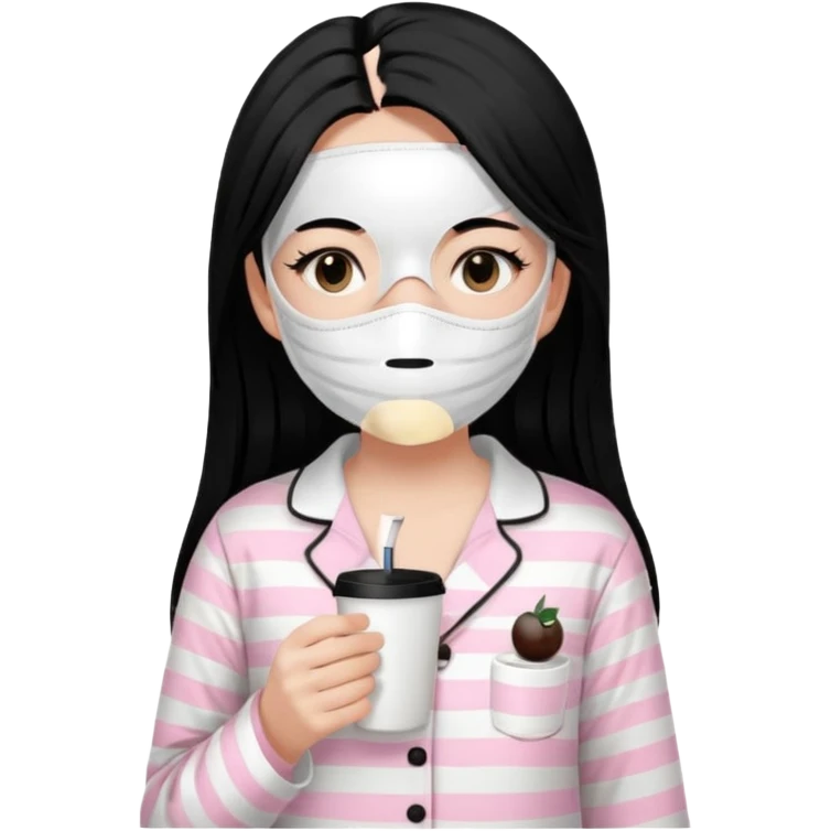 chica de pelo lacio color negro cabellera larga piyama blanca con rayas rosa claras peo no tan claras no oscuras el bordado es negro al igual que los botones )tiene una mascarilla para la carablanca y sostiene y cafe con bolitas nedras al dondo con unsorbete tranparente y es de test blanca  emoji