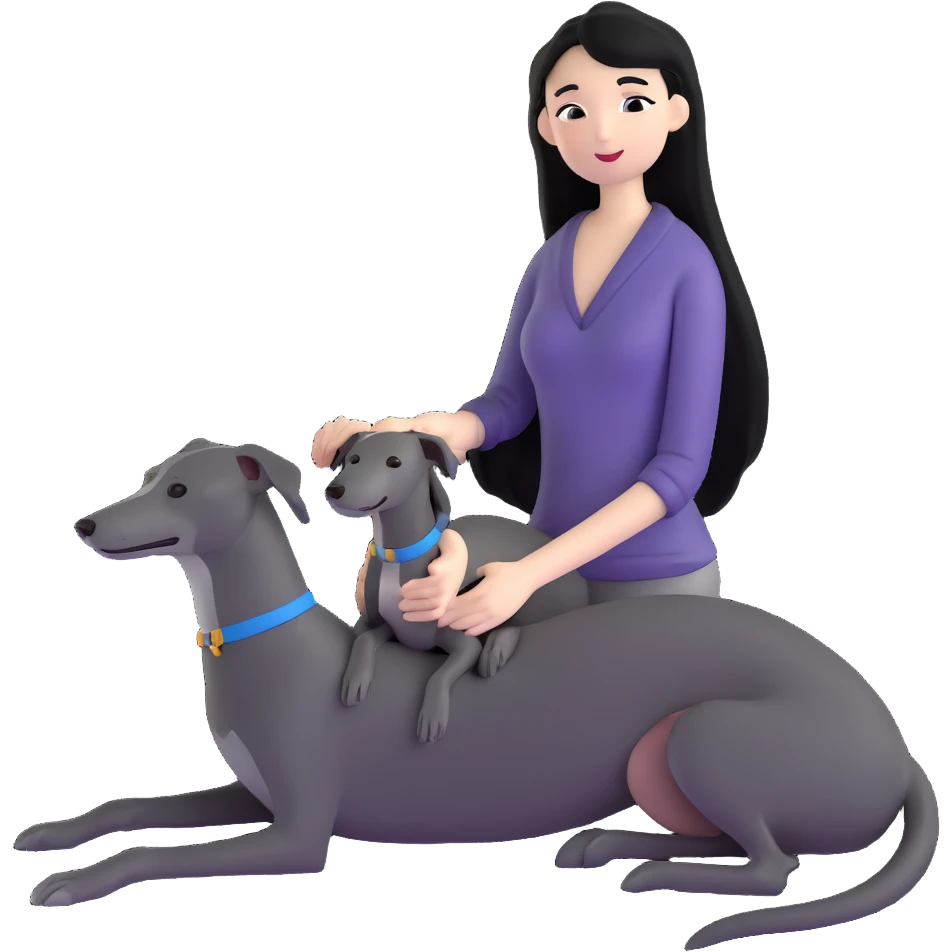 Very thin Chinese woman with long black hair relaxing in a luxurious hotel suite with exactly ONE whippet dog. EXTREME IMPORTANCE: the whippet must be ONE SOLID VERY DARK CHARCOAL GREY COLOR from nose to tail with ABSOLUTELY NO WHITE MARKINGS anywhere - NO white on face, NO white on muzzle, NO white on chest, NO white on paws, NO white on tail - NOTHING BUT A SINGLE SHADE OF VERY DARK GREY throughout the entire animal emoji