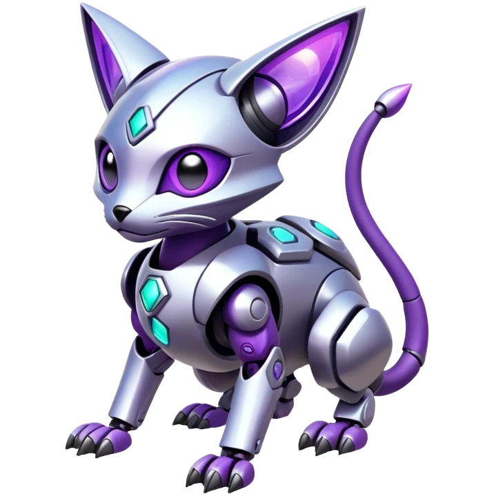  exotic iridescent silver and purple cyber-Protogen-Fakémon-Pokémon-Vernid-robot-feline-creature emoji
