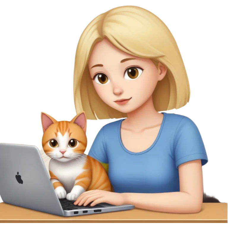A girl is working on a laptop with a cat lying next to it emoji