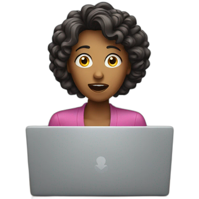 women in front of a laptop with a surprised face emoji