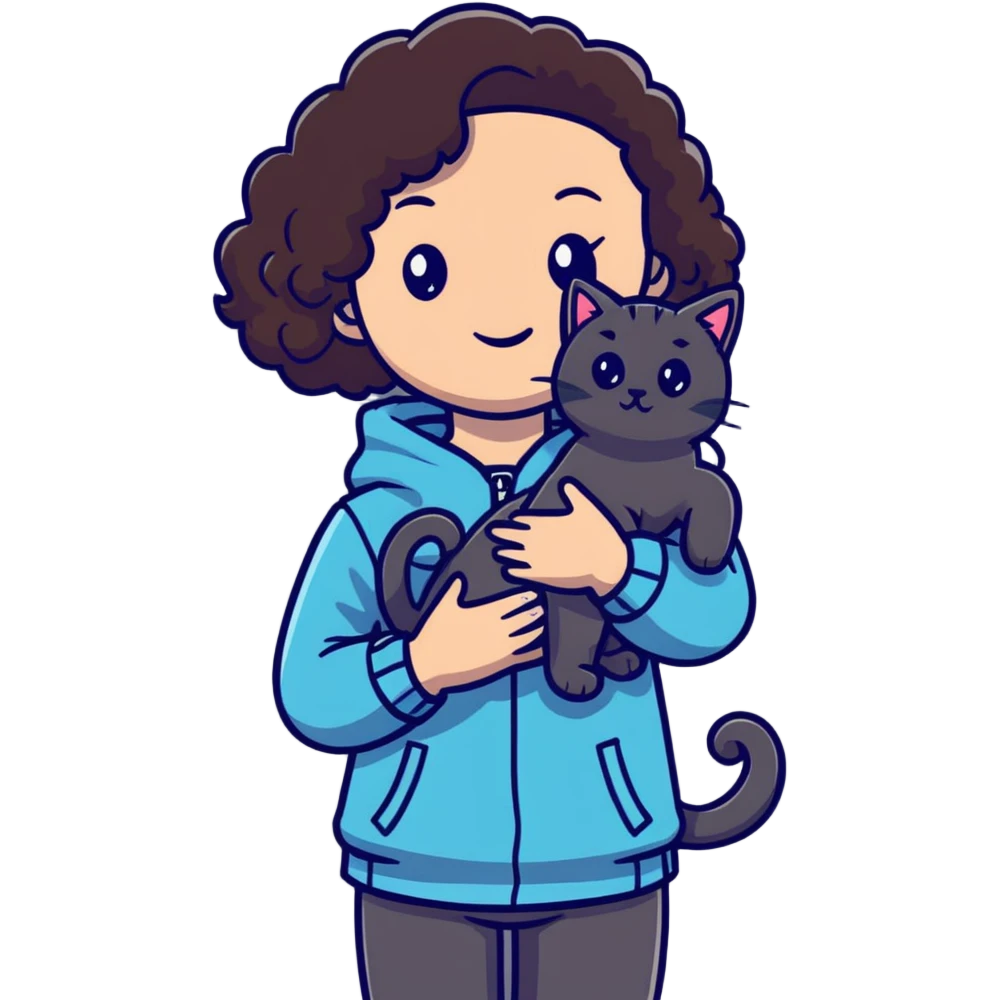 Girl with dark brown curly hair and gray cat emoji