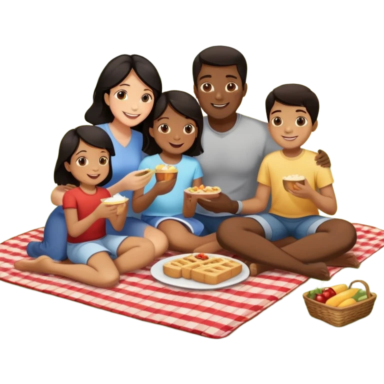 Diverse family picnic with Black parents and children with dark hair sitting on a blanket enjoying food outdoors emoji