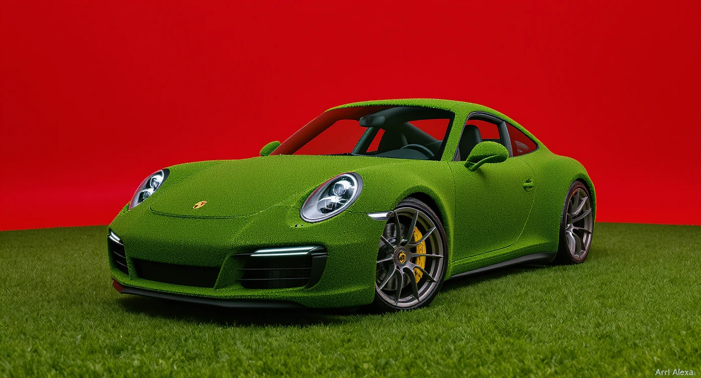Medium shot of a porsche 911 made of green grass, red solid studio background, low keu light, top soft light, dutch angle,  captured by arri alexa emoji