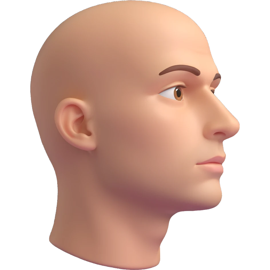 Volumetric emoji-style 3D head of a man looking up thoughtfully, realistic features, smooth shading, subtle thoughtful expression, soft lighting, only the head, no body, clean white background, high detail emoji
